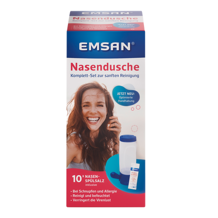 Vorderseite von EMSAN Nasendusche Komplett-Set und Salz 10 Beutel