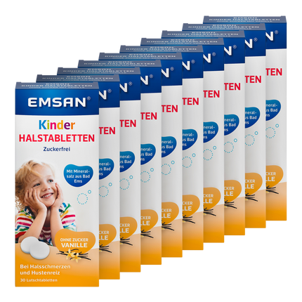 Vorderseite von EMSAN Kinderhalstabletten ohne Zucker Vanille