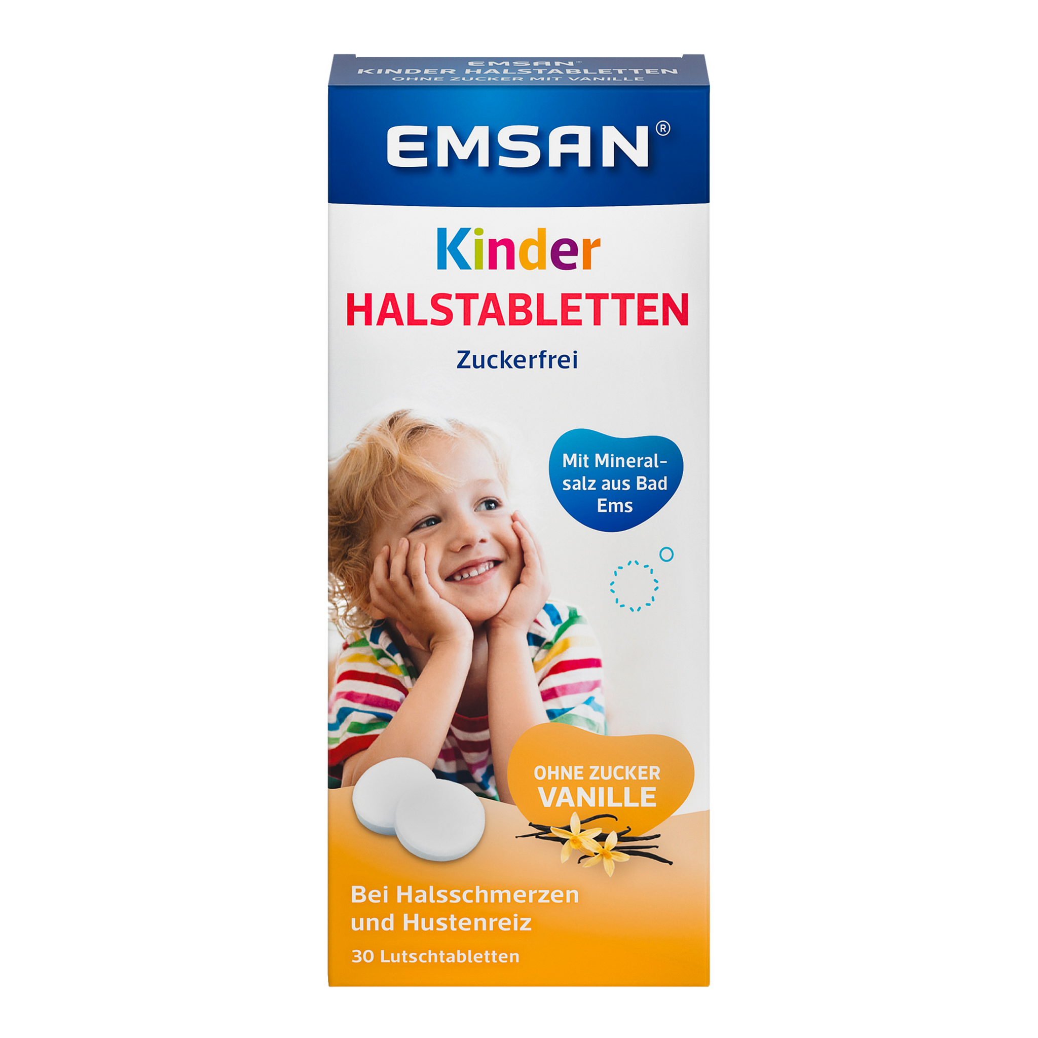 Vorderseite von EMSAN Kinderhalstabletten ohne Zucker Vanille