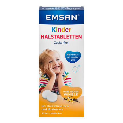 Vorderseite von EMSAN Kinderhalstabletten ohne Zucker Vanille