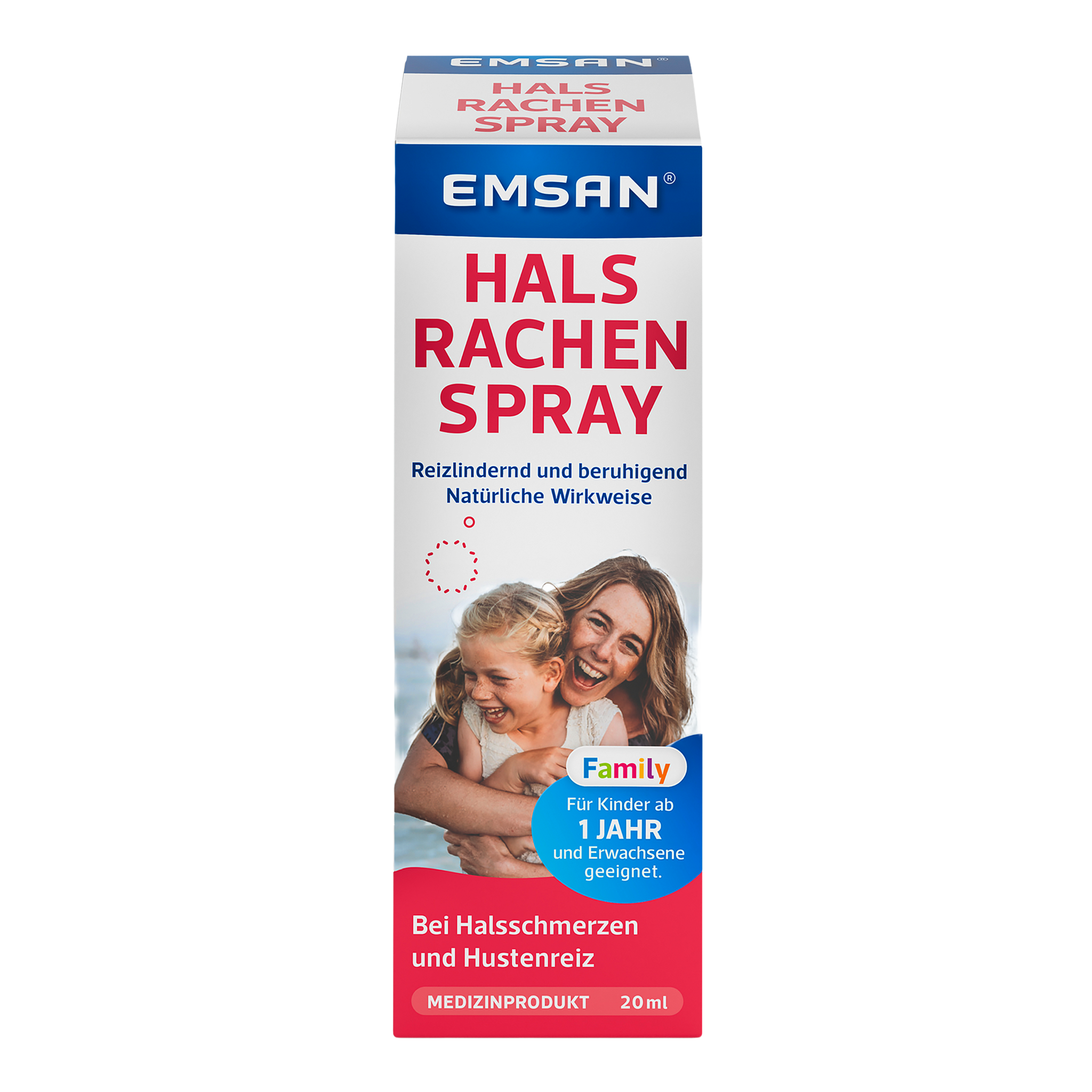 Vorderseite von EMSAN Hals- und Rachenspray Family