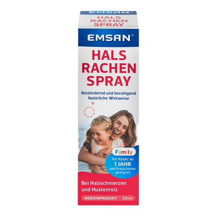 Vorderseite von EMSAN Hals- und Rachenspray Family