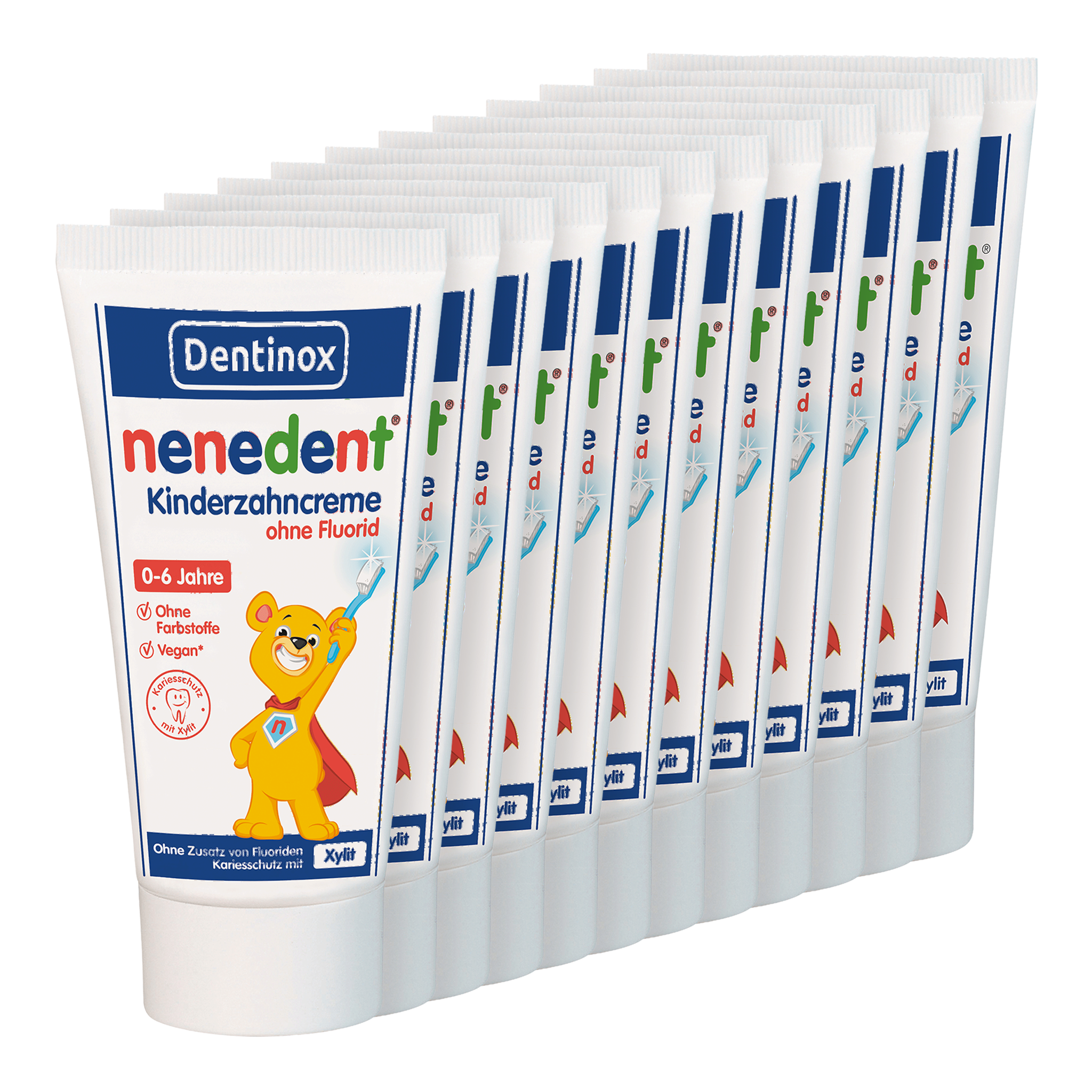 Vorderseite von nenedent® Kinderzahncreme ohne Fluorid - 12x50 ml