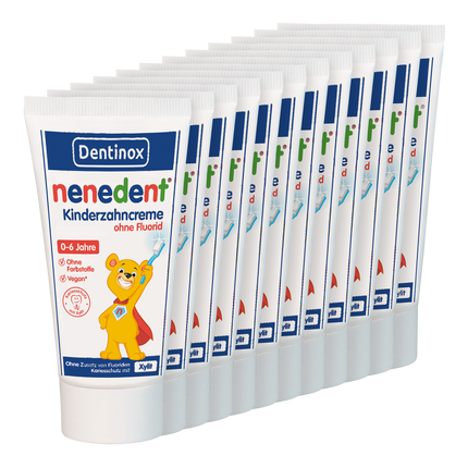 Vorderseite von nenedent® Kinderzahncreme ohne Fluorid - 12x50 ml