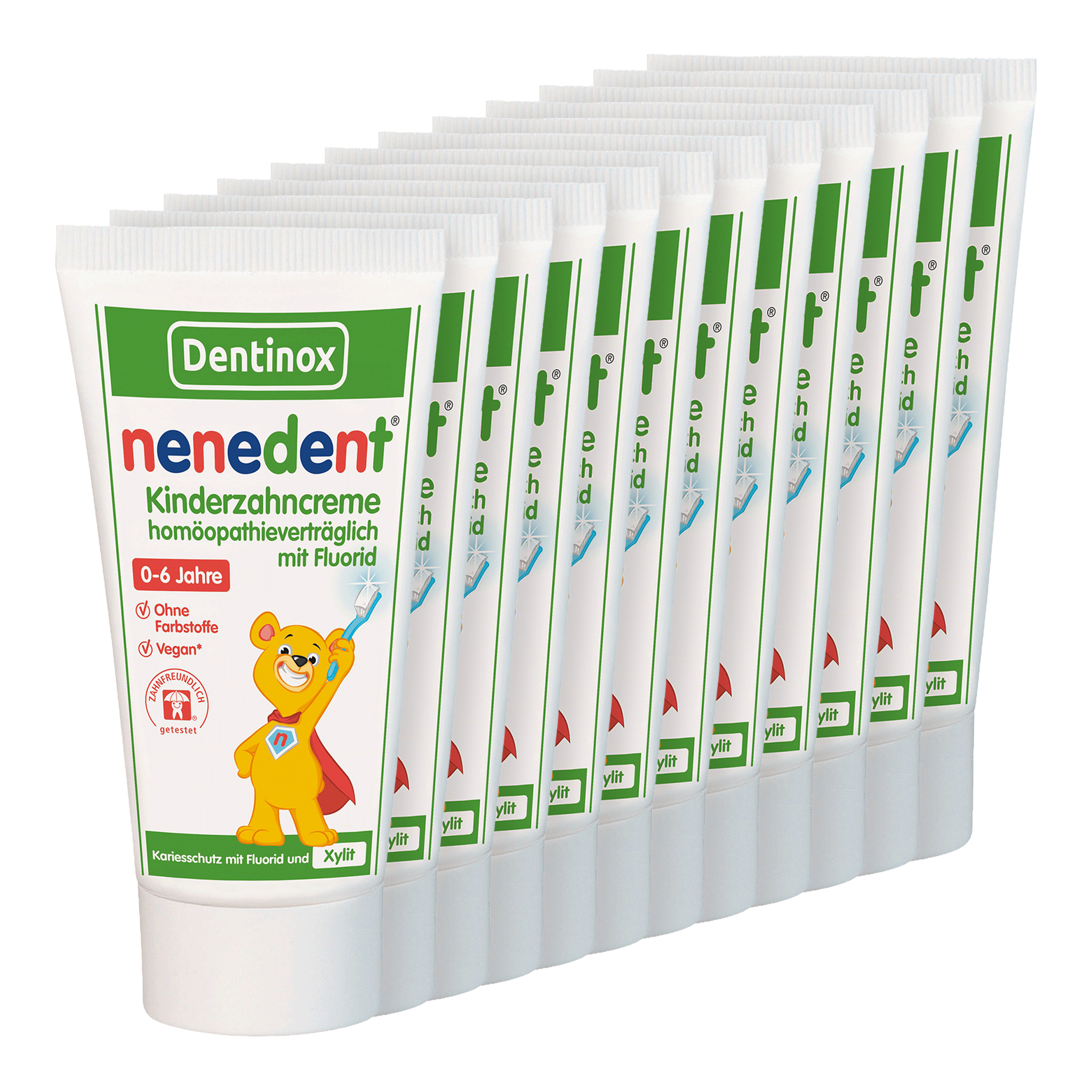 Vorderseite von nenedent® Kinderzahncreme homöopathieverträglich mit Fluorid - 12x50ml