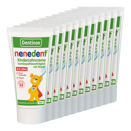 Vorderseite von nenedent® Kinderzahncreme homöopathieverträglich mit Fluorid - 12x50ml