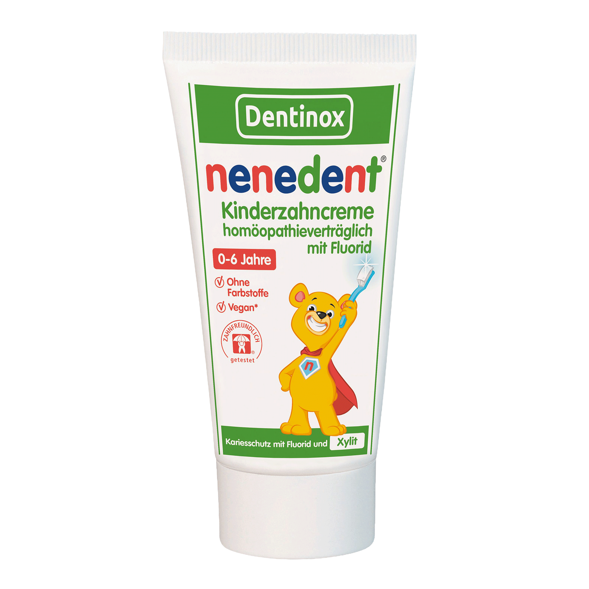 Vorderseite von nenedent® Kinderzahncreme homöopathieverträglich mit Fluorid