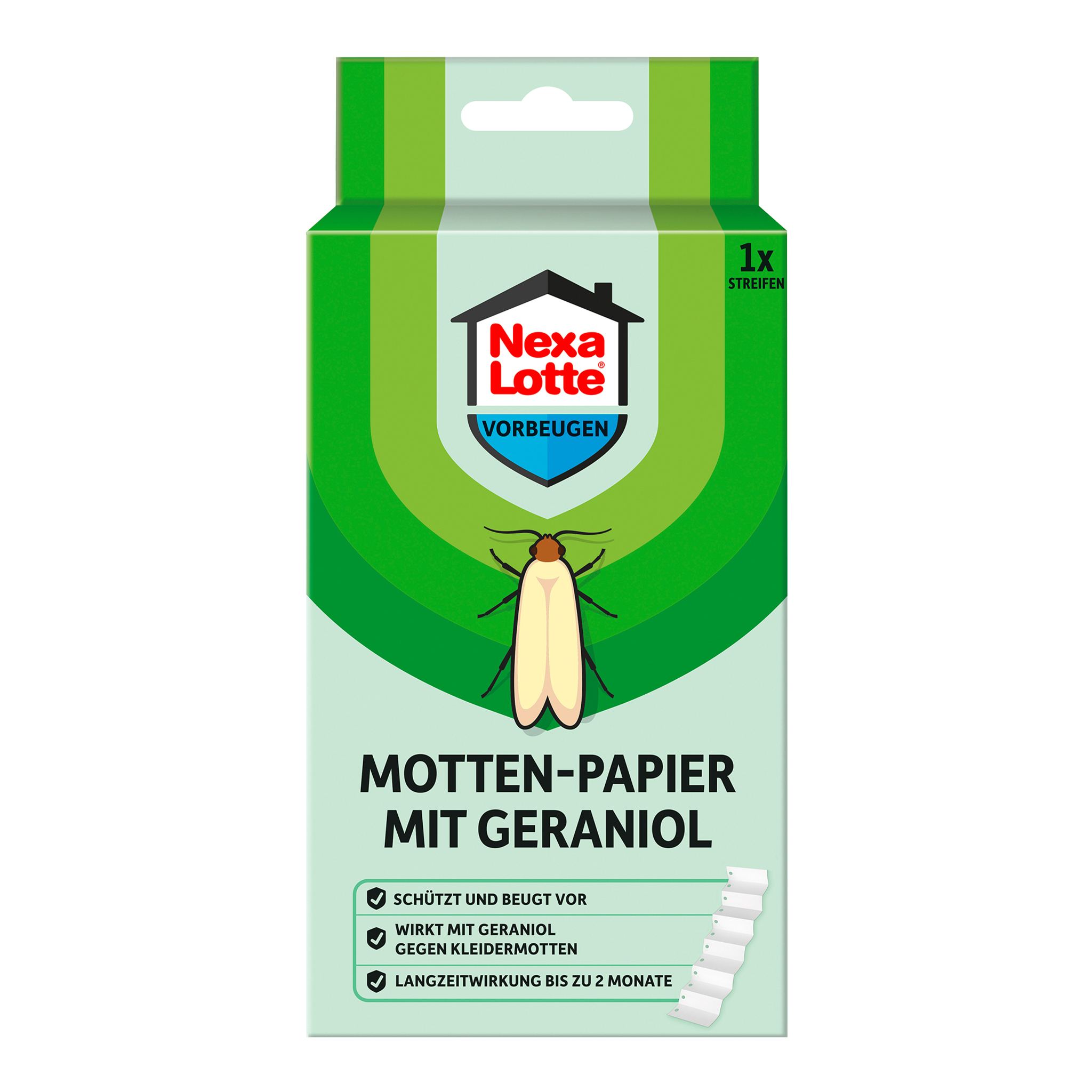 Vorderseite von Nexa Lotte Motten-Papier mit Geraniol
