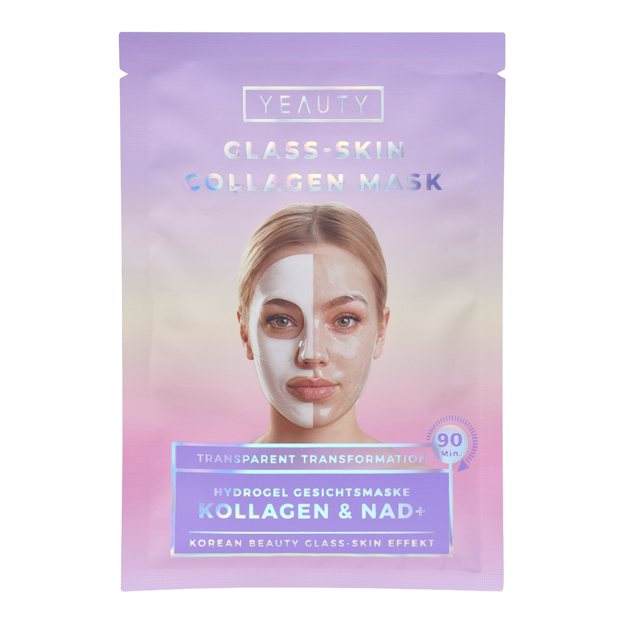 Vorderseite von YEAUTY Hydrogel Gesichtsmaske Kollagen & NAD+ Glass Skin Effekt