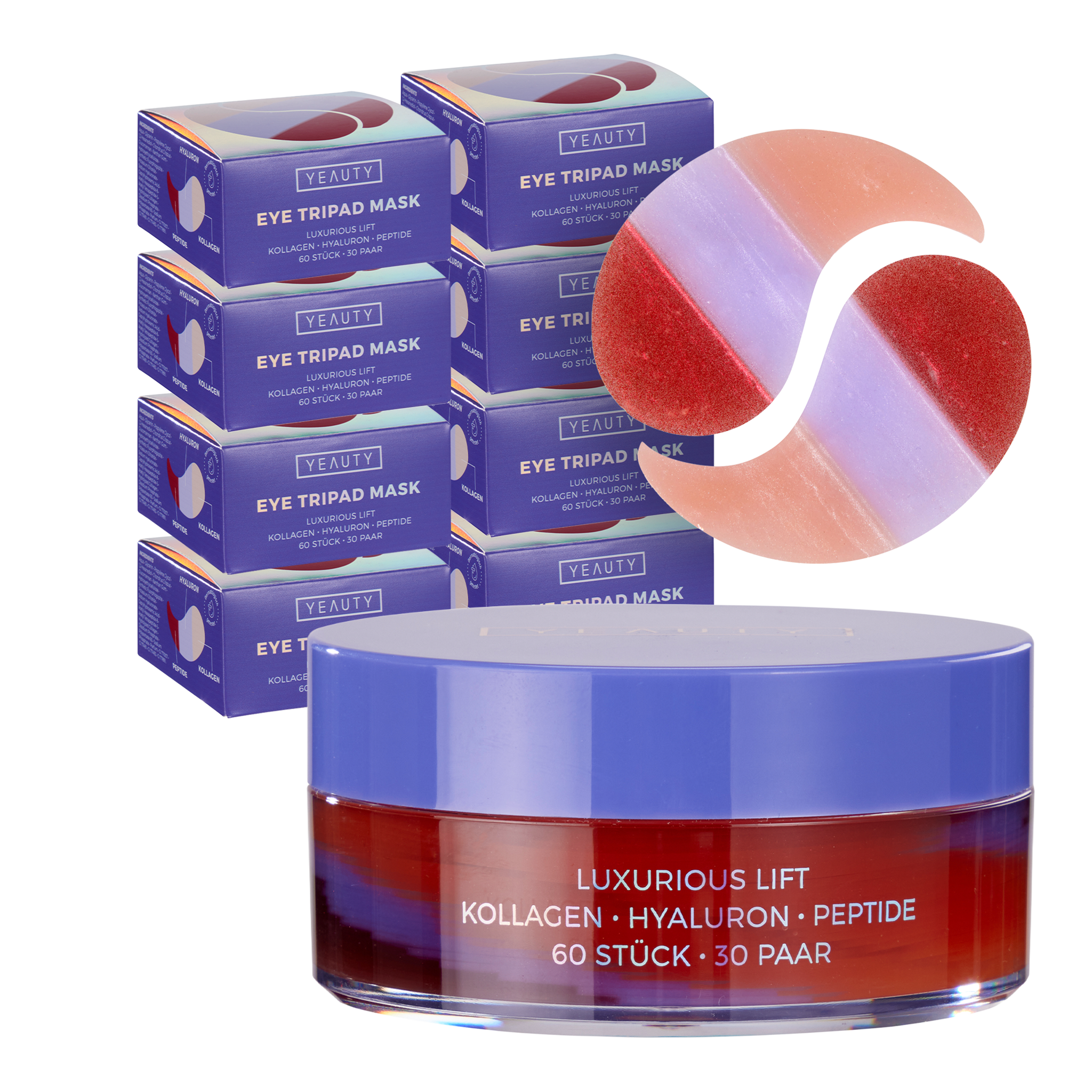 Vorderseite von YEAUTY Luxurious Lift Eye Tripad Mask und Eye Pads dahinter
