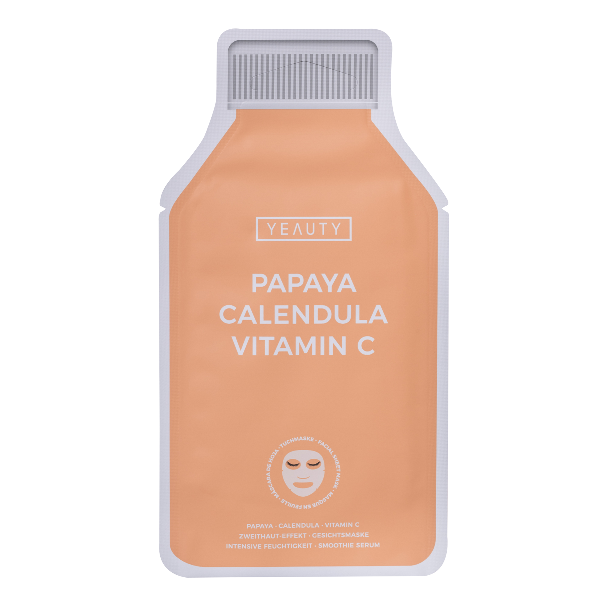Vorderseite von YEAUTY Tuchmaske Papaya Calendula Vitamin C