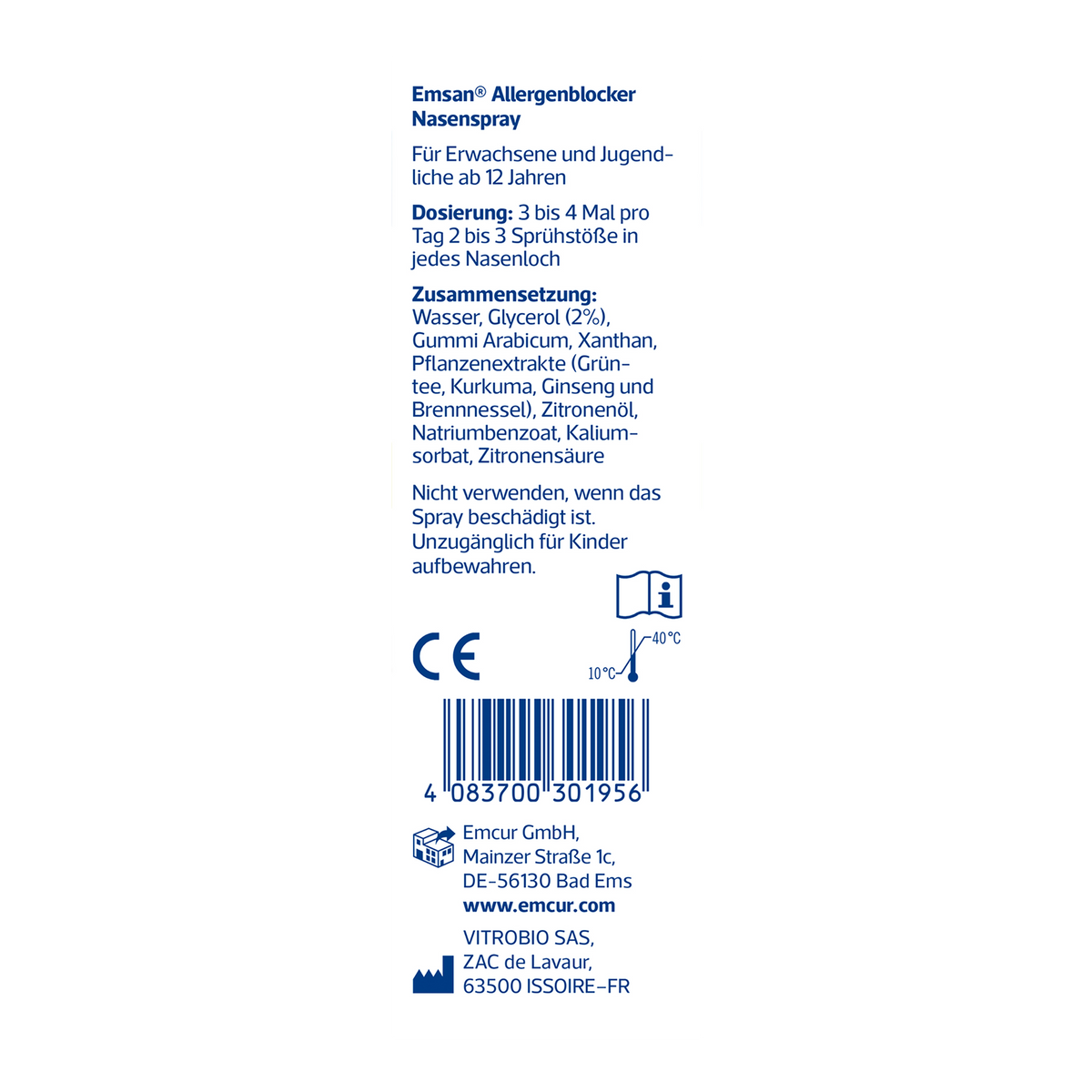 Linke Seitenansicht von EMSAN Allergenblocker Nasenspray Eurolochung