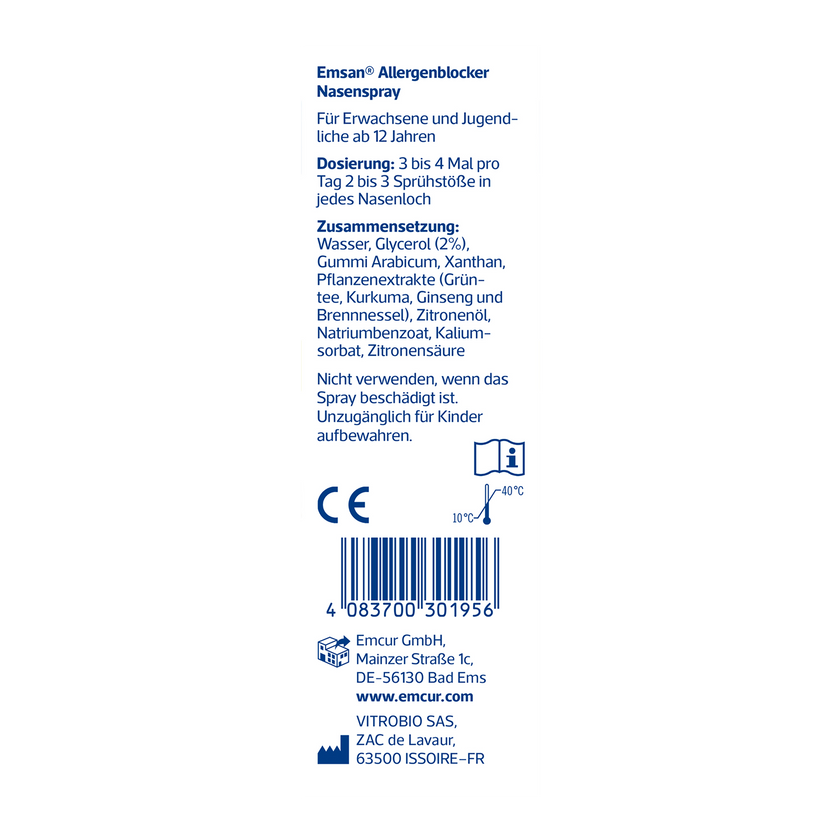 Linke Seitenansicht von EMSAN Allergenblocker Nasenspray Eurolochung