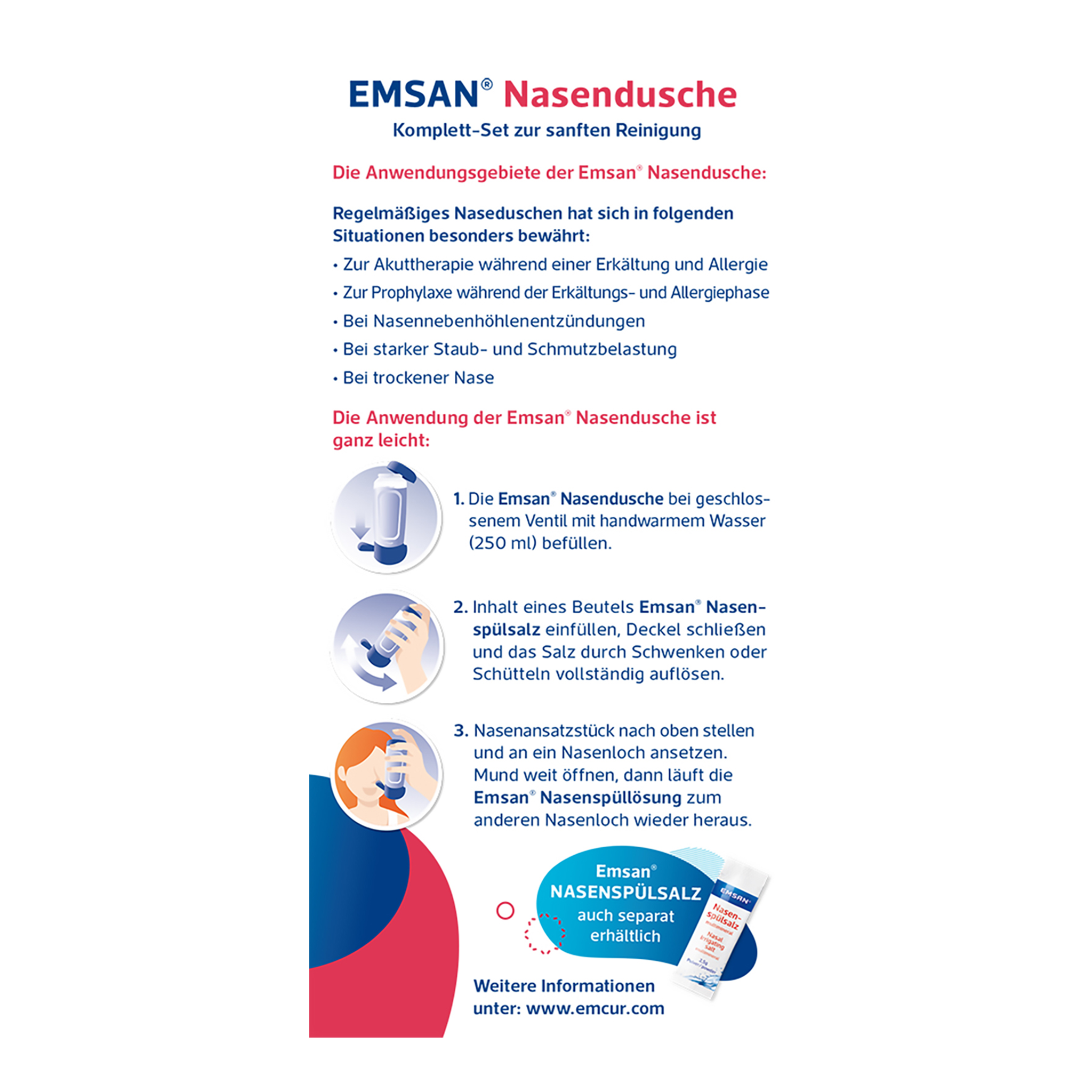 Linke Seitenansicht von EMSAN Nasendusche Komplett-Set und Salz 10 Beutel