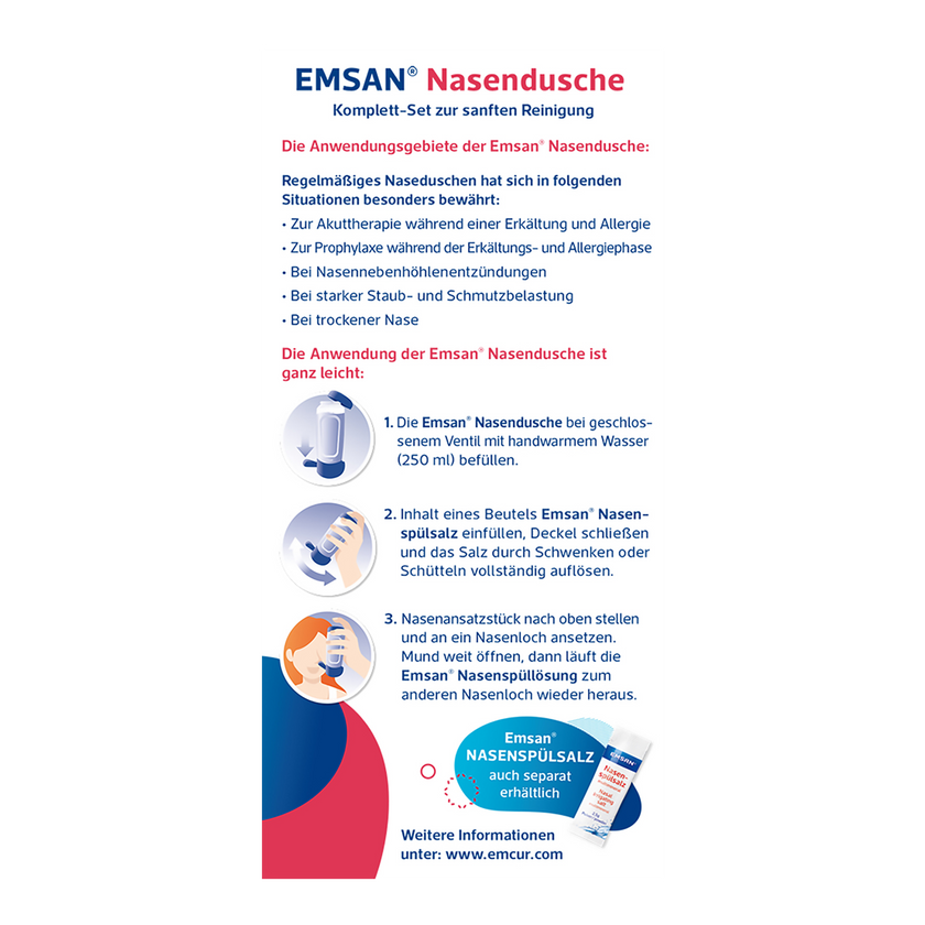 Linke Seitenansicht von EMSAN Nasendusche Komplett-Set und Salz 10 Beutel