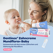 Mutter die kleinem Kind die Zähne putzt, blauer Balken mit Text und Dentinox Zahncreme Mundflora Baby