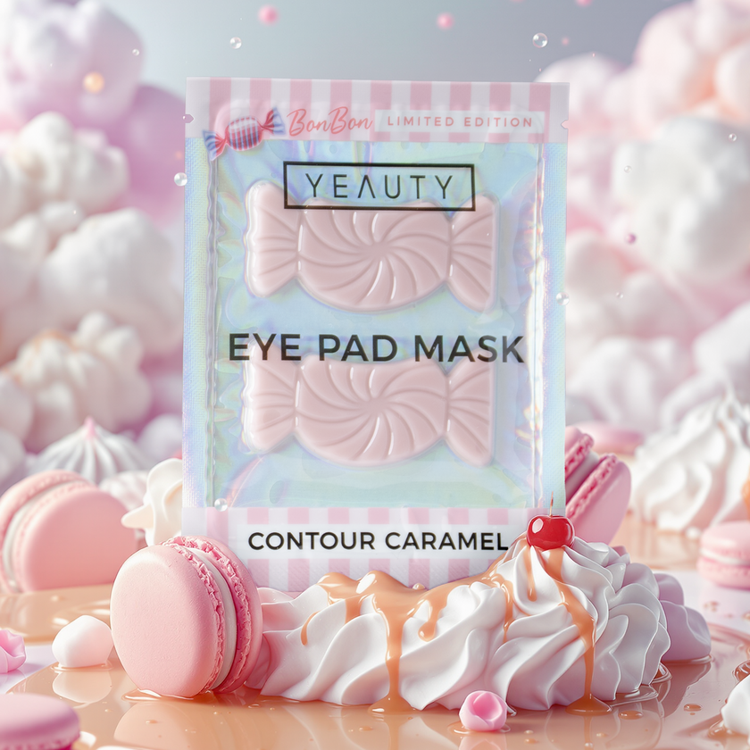 YEAUTY Contour Caramel Candy Maske umringt von Macarons, Sahne und Caramel