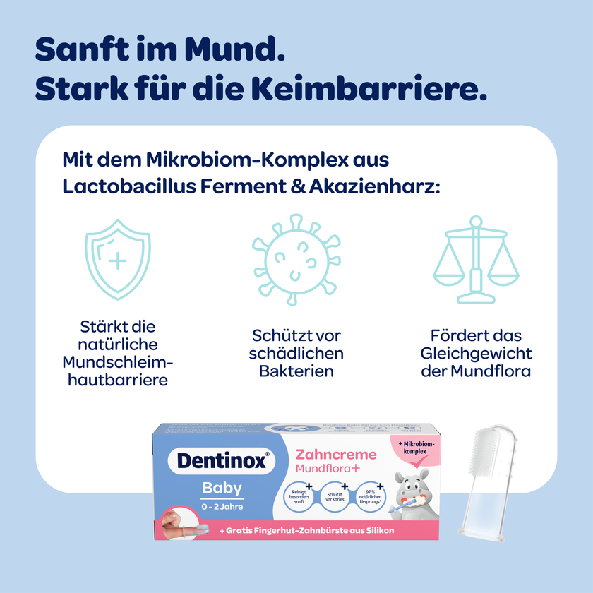 Text im weißen Kasten und auf blauem Hintergrund mit Icons und Dentinox Zahncreme Mundflora Baby