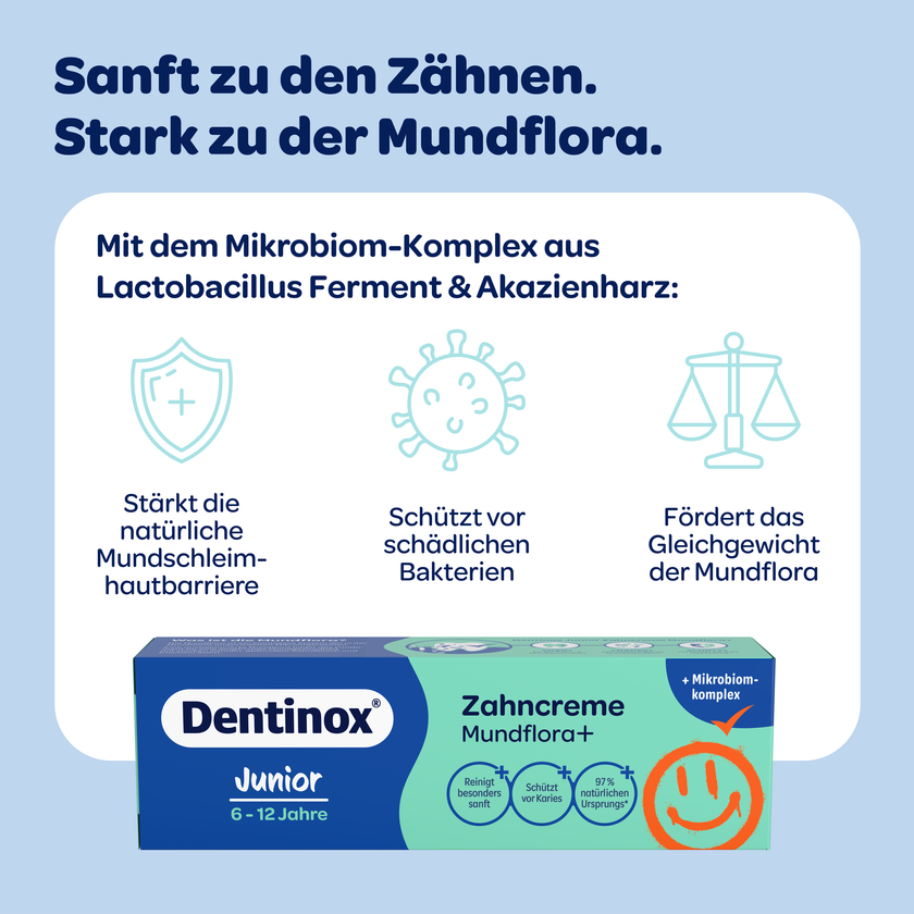 Text im weißen Kasten und auf blauem Hintergrund mit Icons und Dentinox Zahncreme Mundflora Junior