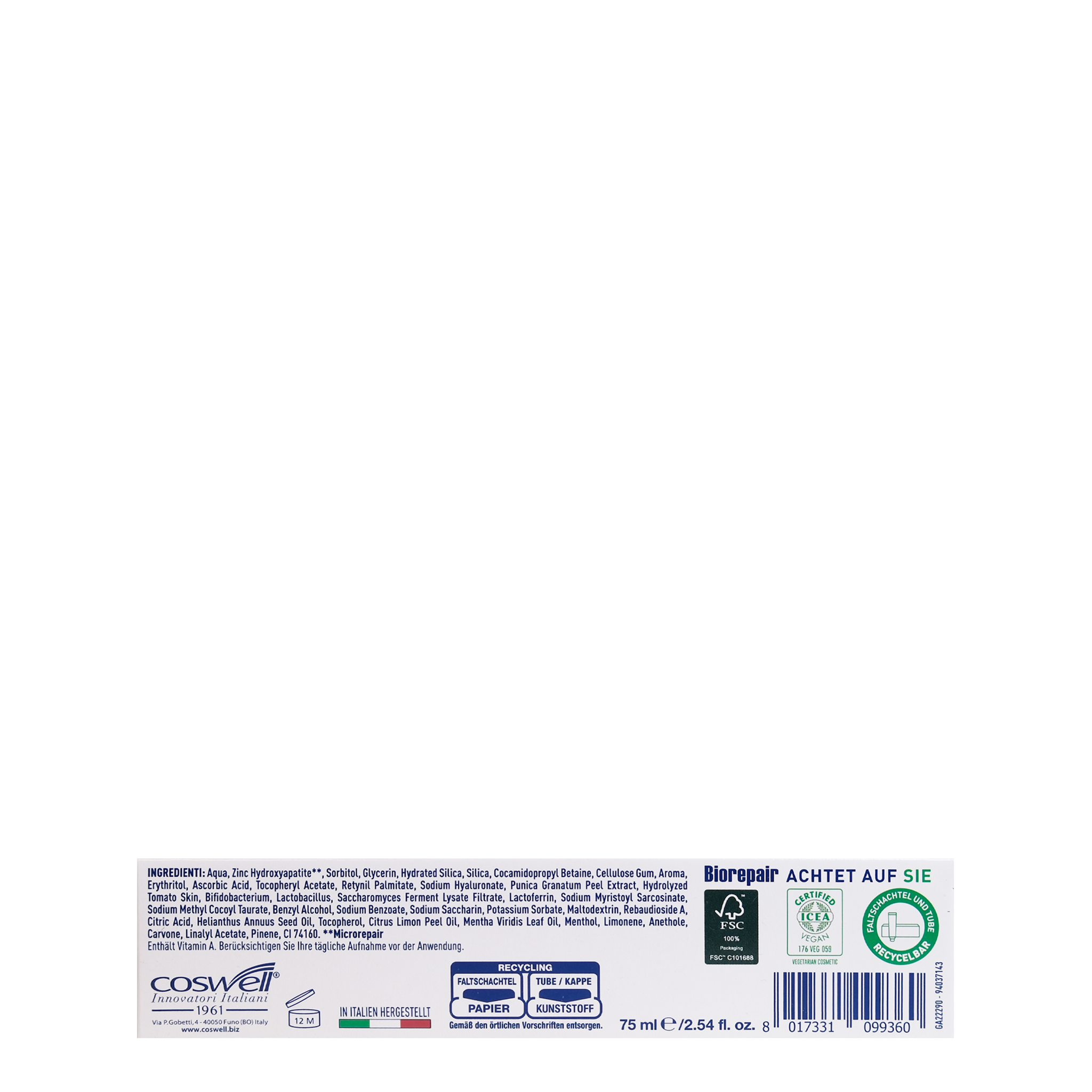 Unterseite von Biorepair Zahncreme Complete Protection 50 +
