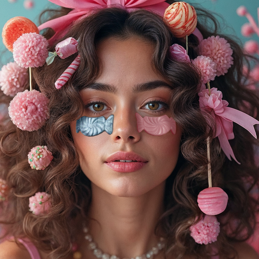Frau mit YEAUTY Dragee Delight Candy Maske und Pompoms im Haar