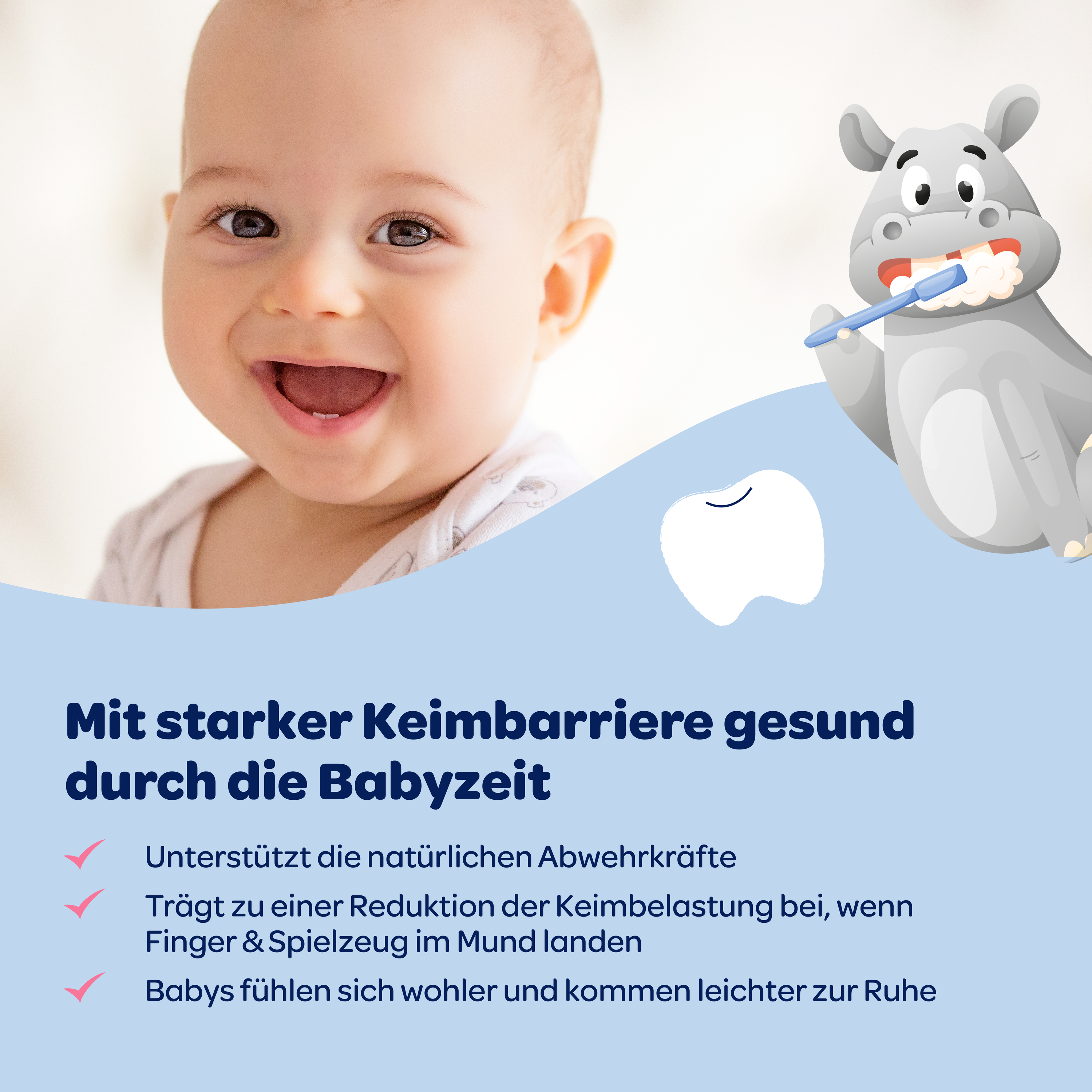 Lachendes Baby, blauer Balken mit Text und illustriertem Nilpferd und Zahn