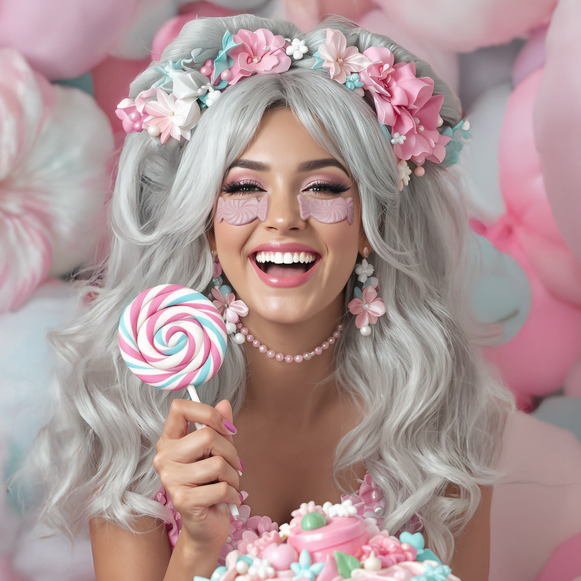 Frau mit YEAUTY Contour Caramel Candy Maske und Lolli in der Hand