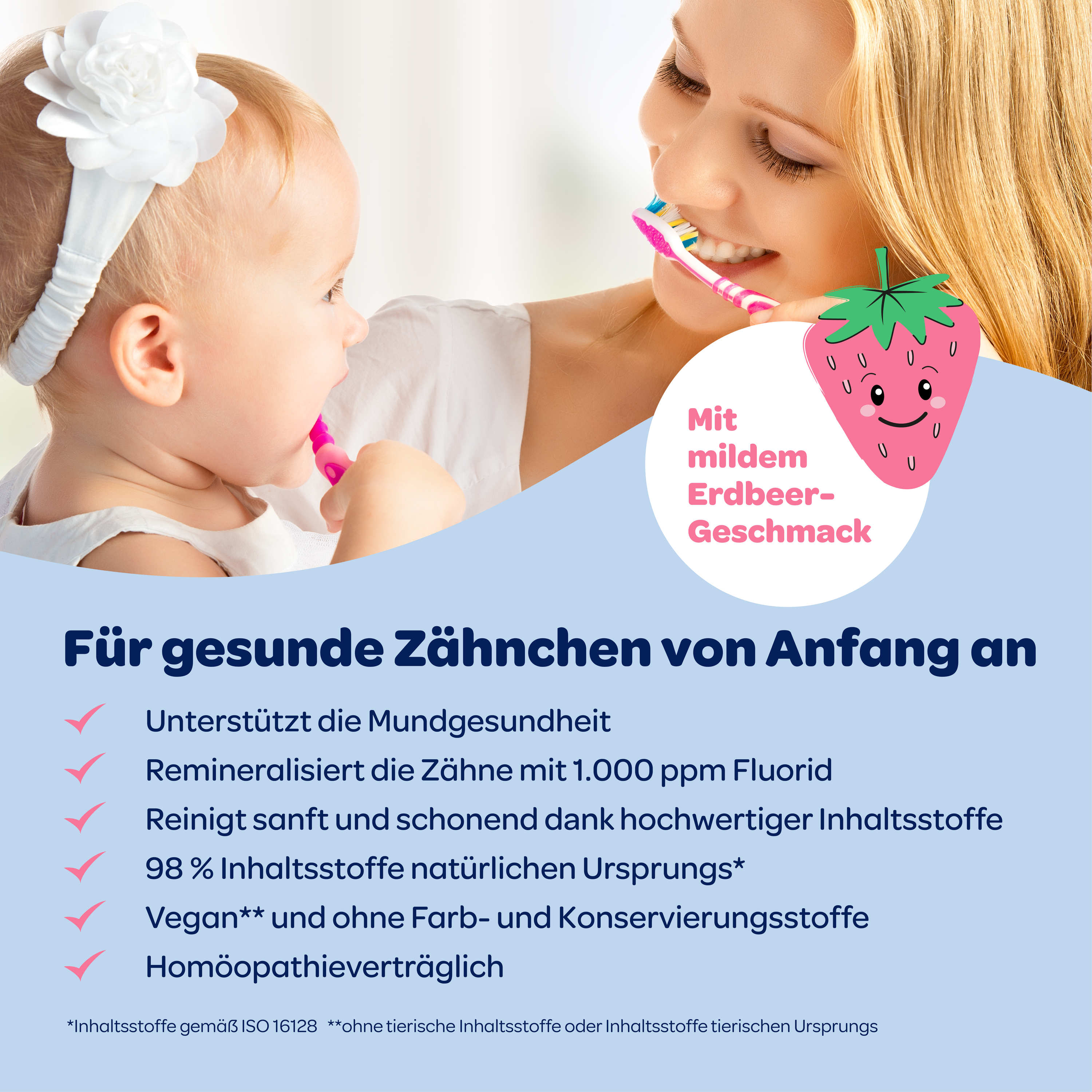 Mutter und kleines Kind die Zähne putzen, blauer Balken mit Text