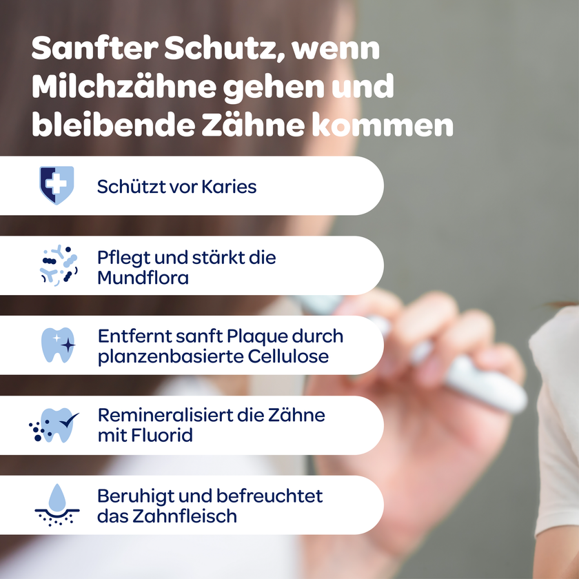 Schrift in weißen Kästen auf Bild vom Zähne putzenden Kind