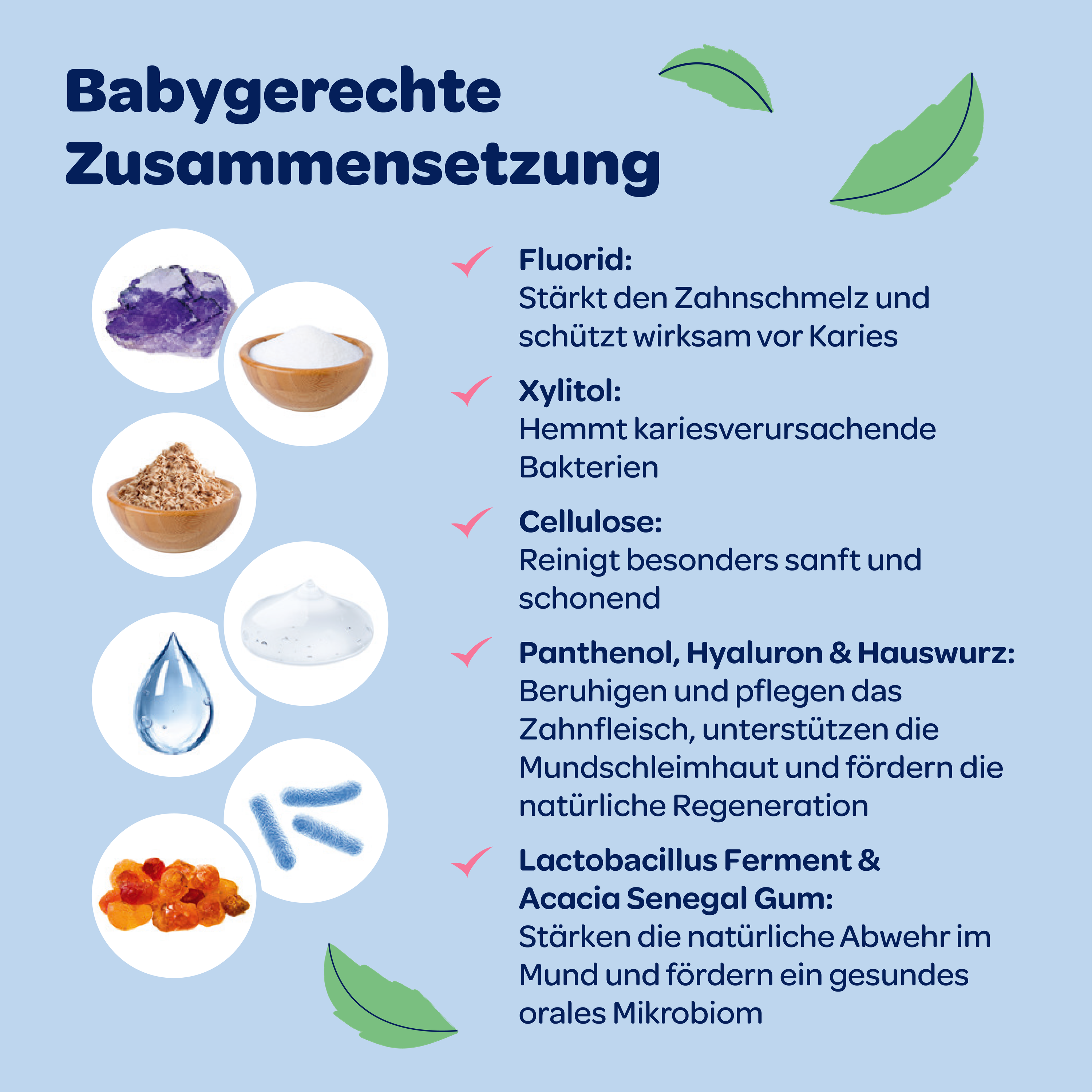 Text auf blauem Grund und Inhaltsstoffen von Dentinox Zahncreme Mundflora Baby
