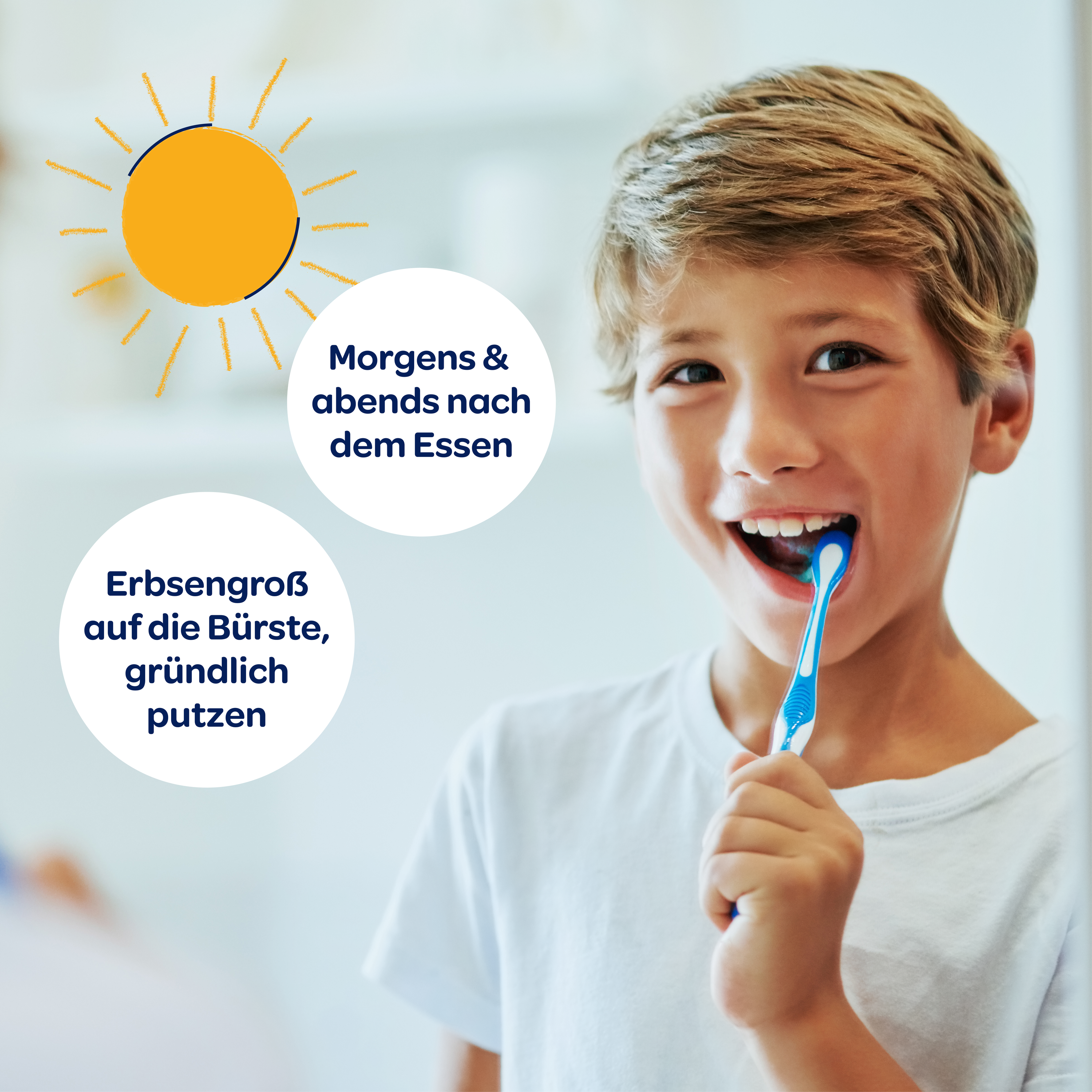 Text in weißen Kreisen auf Bild von einem Zähne putzenden Jungen mit illustrierter Sonne