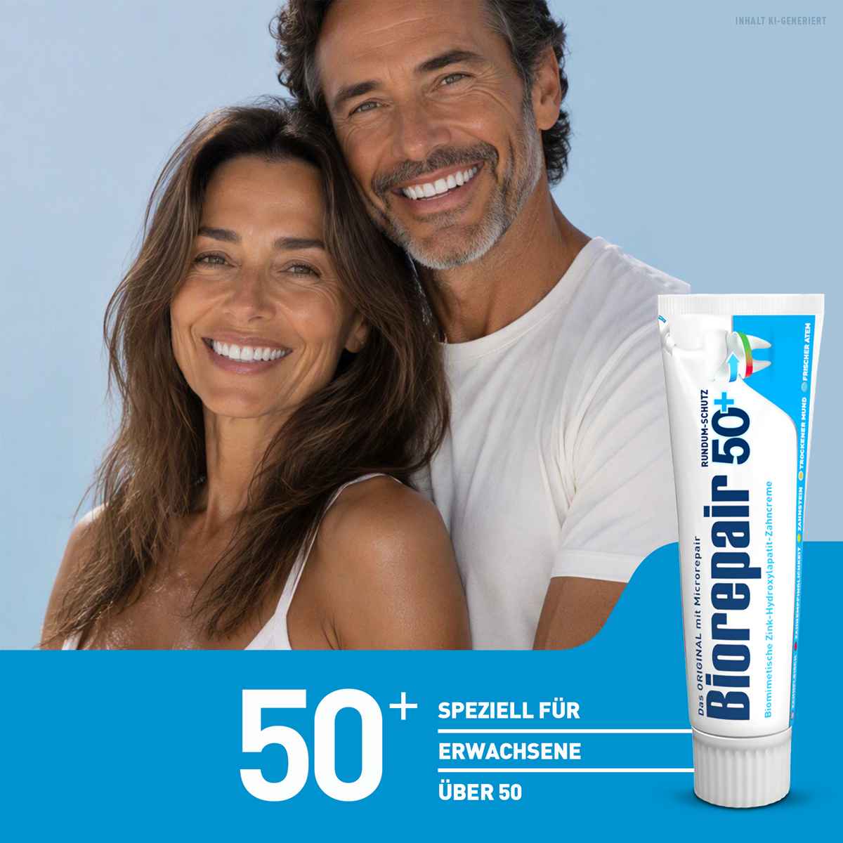 Biorepair Zahncreme Complete Protection 50 + – 12x75ml neben Schrift auf blauem Balken vor Bild von Paar über 50