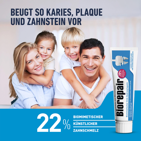 Familie und Schrift auf Bild und Balken und Biorepair Karies-Prophylaxe und Zahnschmelzschutz Tube