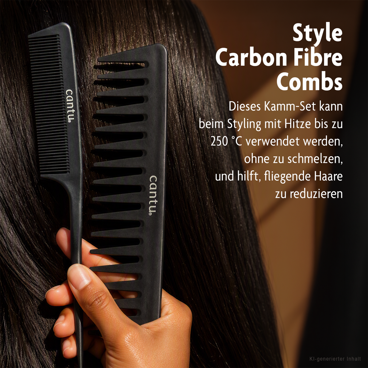 Cantu Carbon Melt Resistant Combs (2x) vor glatten langen Haaren, neben Schrift