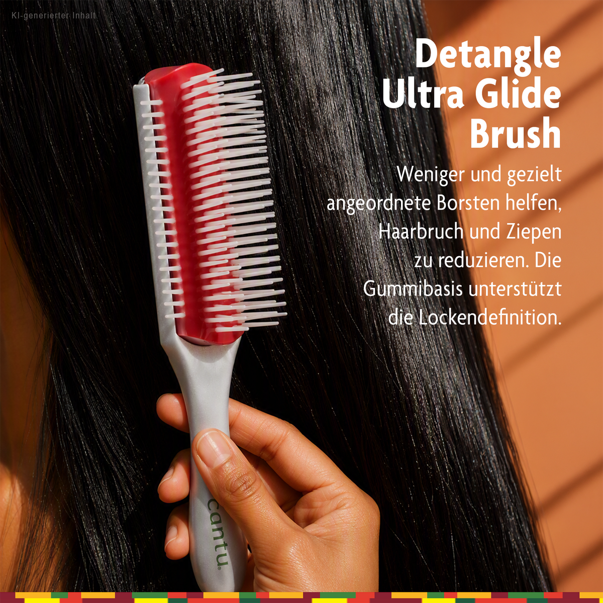 Cantu Detangle Ultra Glide Brush in Hand vor Haaren und Schrift