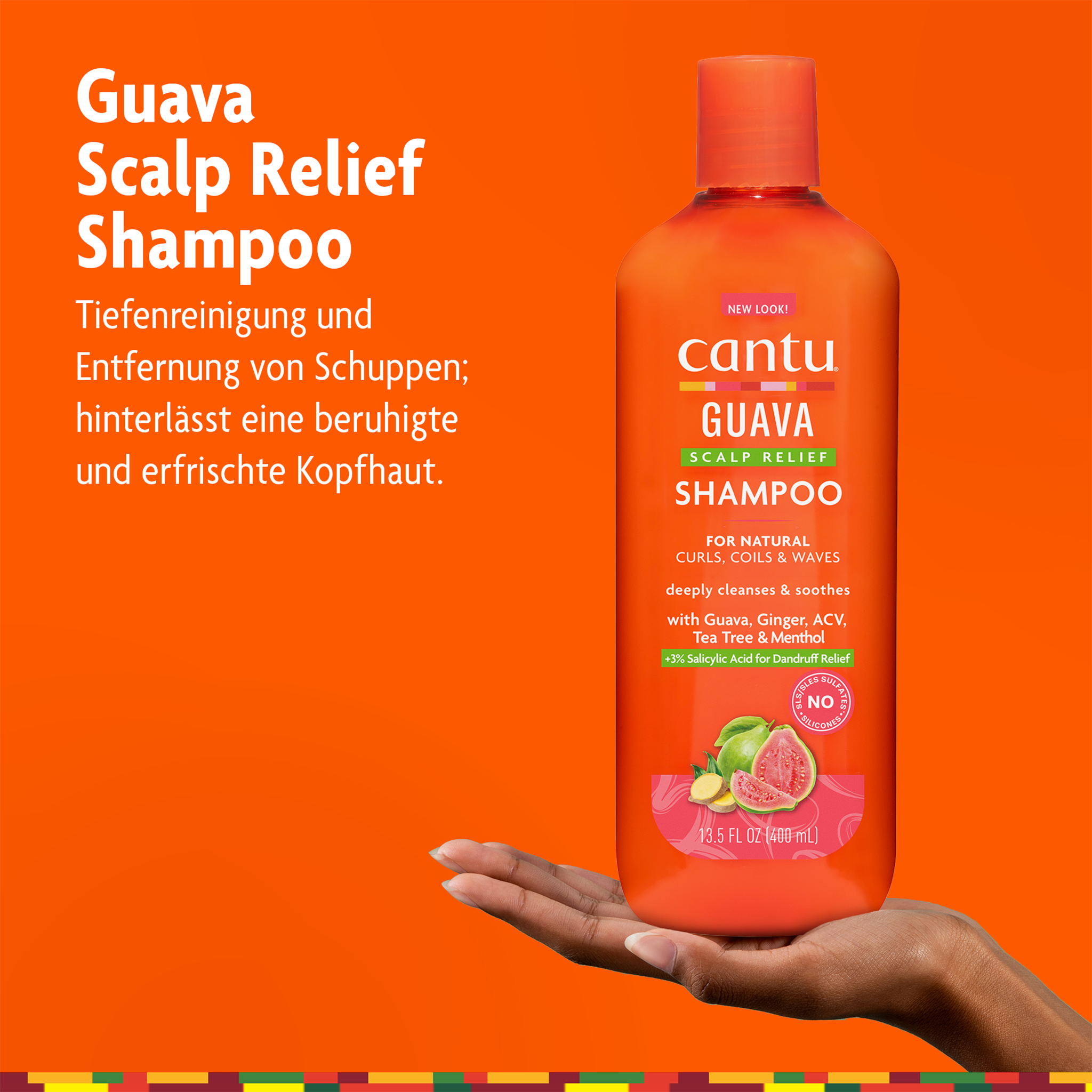 Cantu Guava Scalp Relief Shampoo - 400ml auf Hand und Schrift vor orangefarbenen Hintergrund und bunte Leiste am unteren Rand