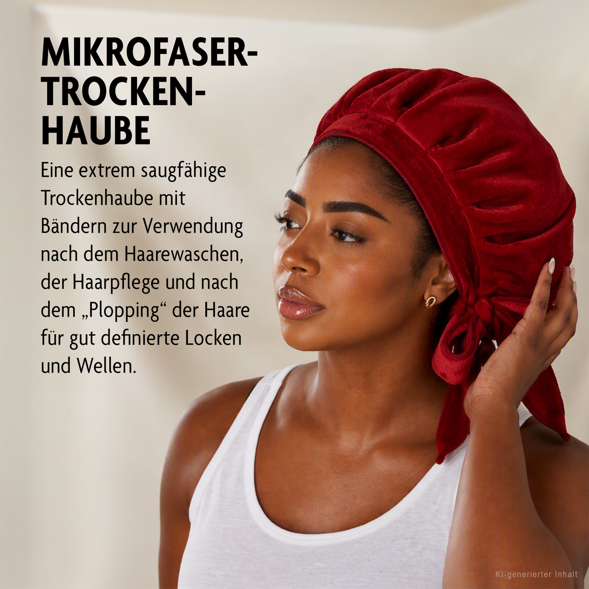 Frau mit Cantu Microfiber Drying Cap und Schrift vor beigem Hintergrund