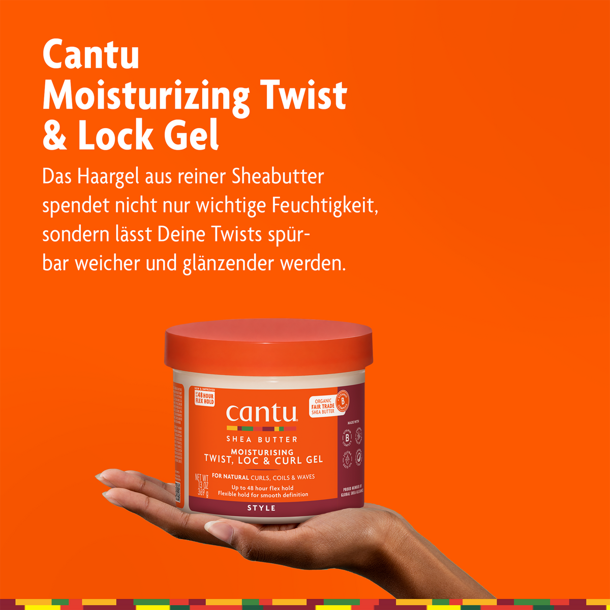 Hand mit Cantu Moisturizing Twist & Lock auf orangem Hintergrund mit Schrift