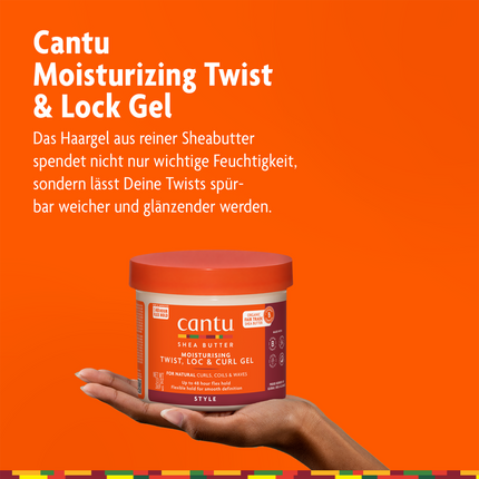 Hand mit Cantu Moisturizing Twist & Lock auf orangem Hintergrund mit Schrift
