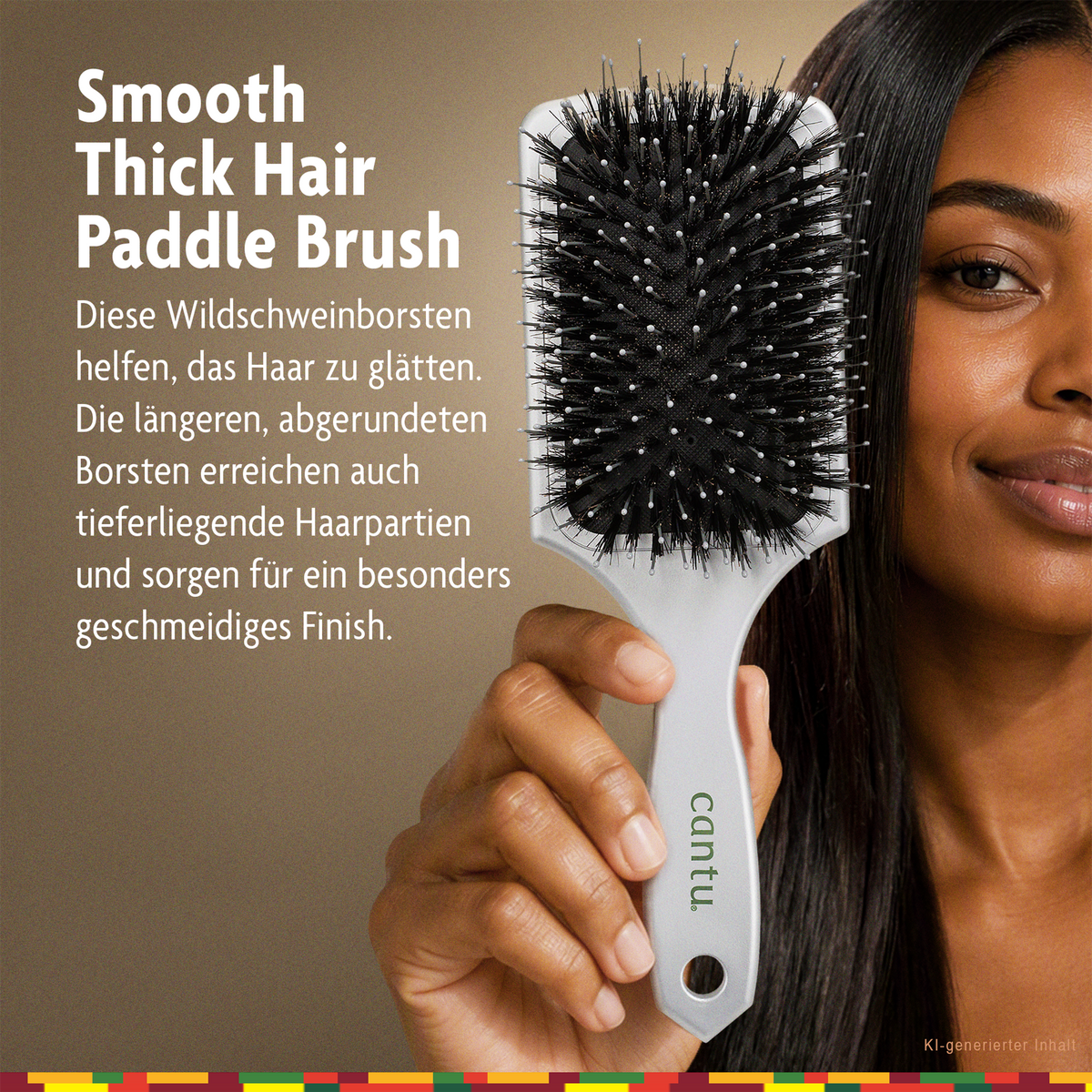 Cantu Thick Hair Longer Bristle Brush in der Hand einer Frau und Schrift auf beigem Hintergrund