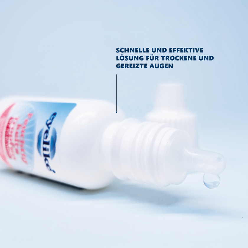 geöffnete liegende eyelike Feuchtigkeitstropfen - 15 ml Flasche auf blauem Grund mit Icon und Schrift
