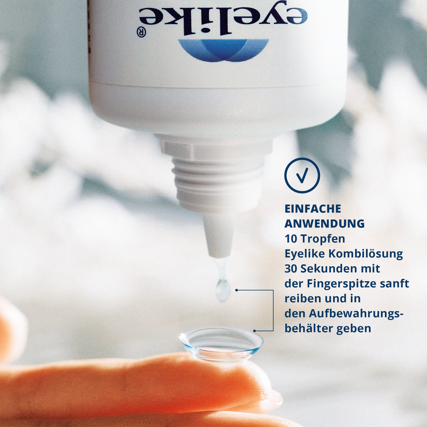 geöffnete eyelike Kombi Lösung - 360ml Flasche auf dem Kopf tropft Tropfen auf Kontaktlinse auf Finger, Schrift und Icon