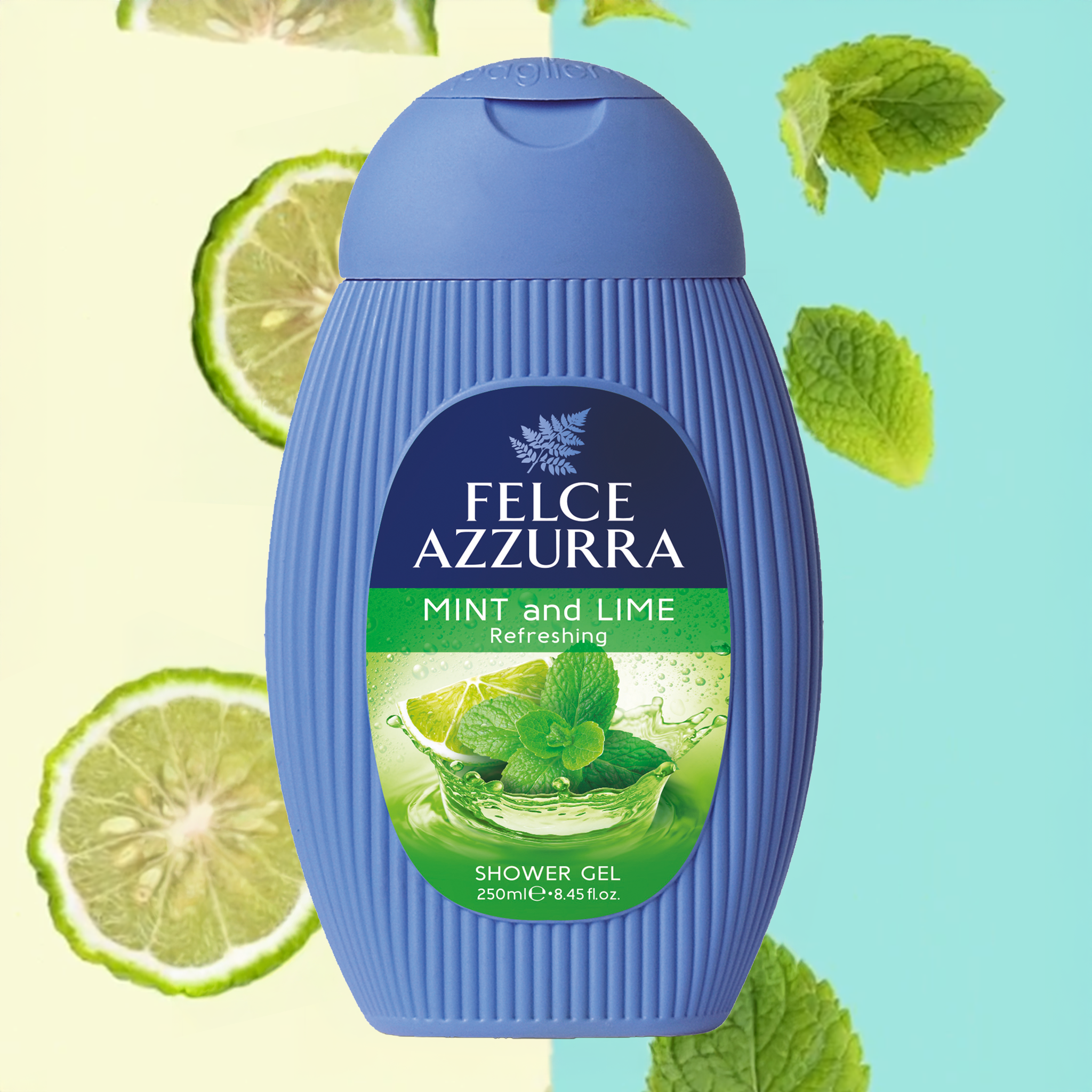 Felce Azzurra Duschgel Mint and Lime auf zweifarbigem Hintergrund mit Limetten und Minze