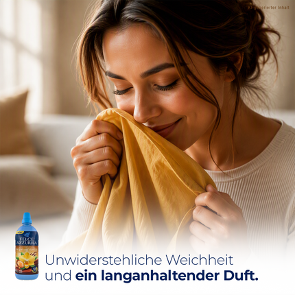 Frau riecht an Kleidungsstück, Azzurra Weichspüler Argan and Vanilla und Schrift auf weißem Verlauf unten