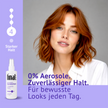 Frau mit wallenden Haaren, lilafarbener Balken links und unten mit Schrift, Produkt und Illustration drauf