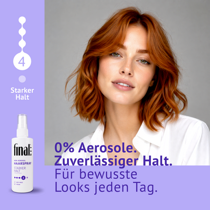 Frau mit wallenden Haaren, lilafarbener Balken links und unten mit Schrift, Produkt und Illustration drauf