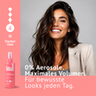Frau mit wallenden Haaren, lachsfarbener Balken links und unten mit Schrift, Produkt und Illustration drauf