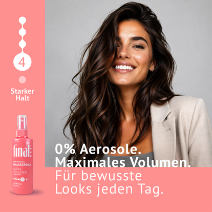 Frau mit wallenden Haaren, lachsfarbener Balken links und unten mit Schrift, Produkt und Illustration drauf