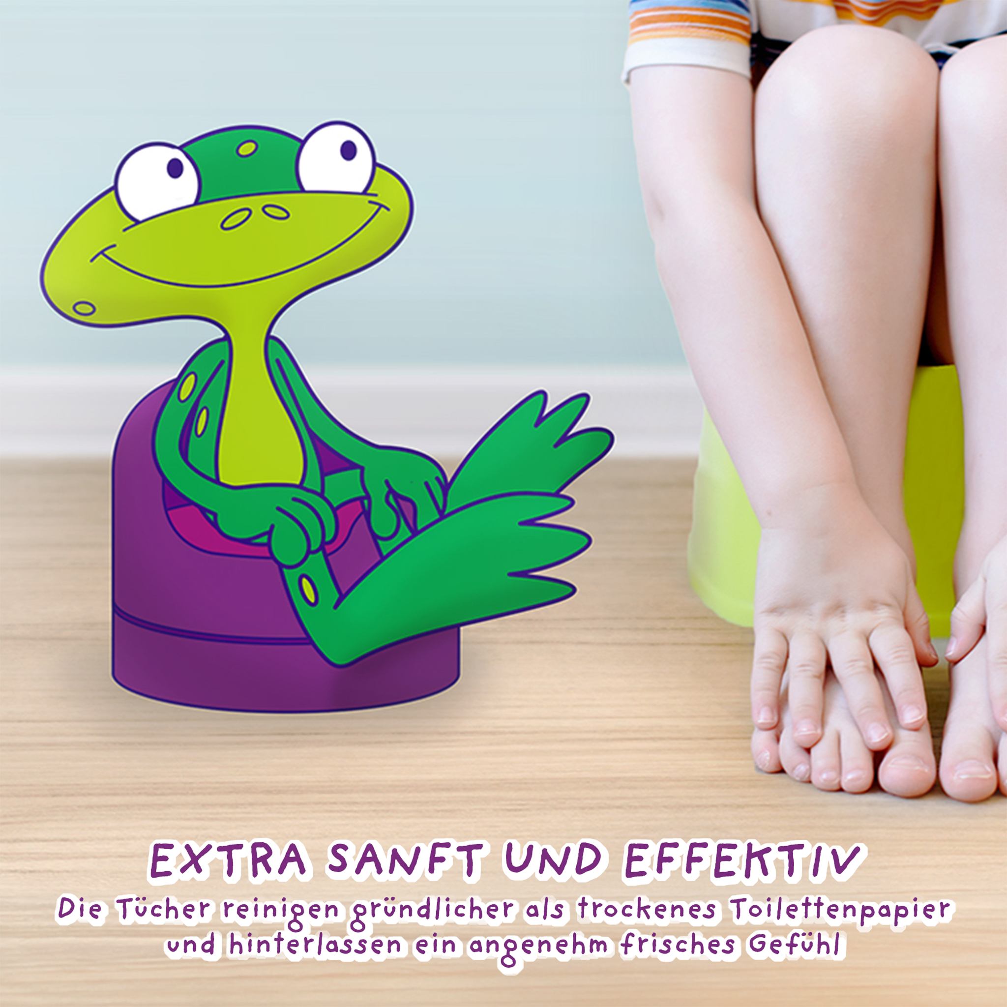 Kind und Frosch auf Töpfchen und Schrift