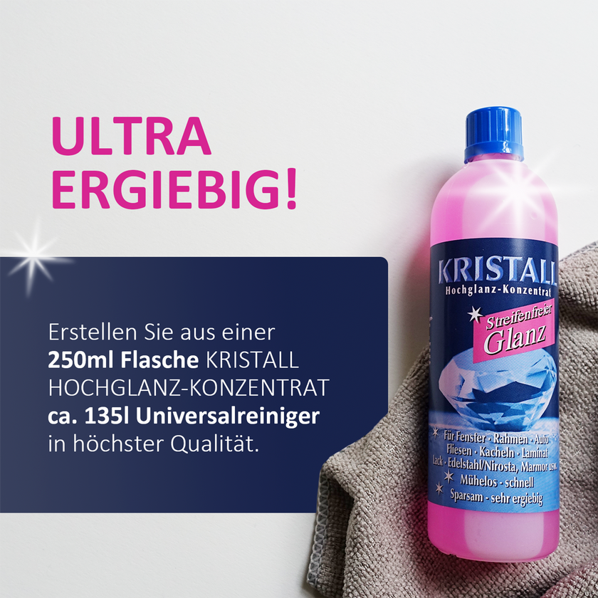 Kristall Hochglanz-Konzentrat auf Lappen und Text auf Fläche